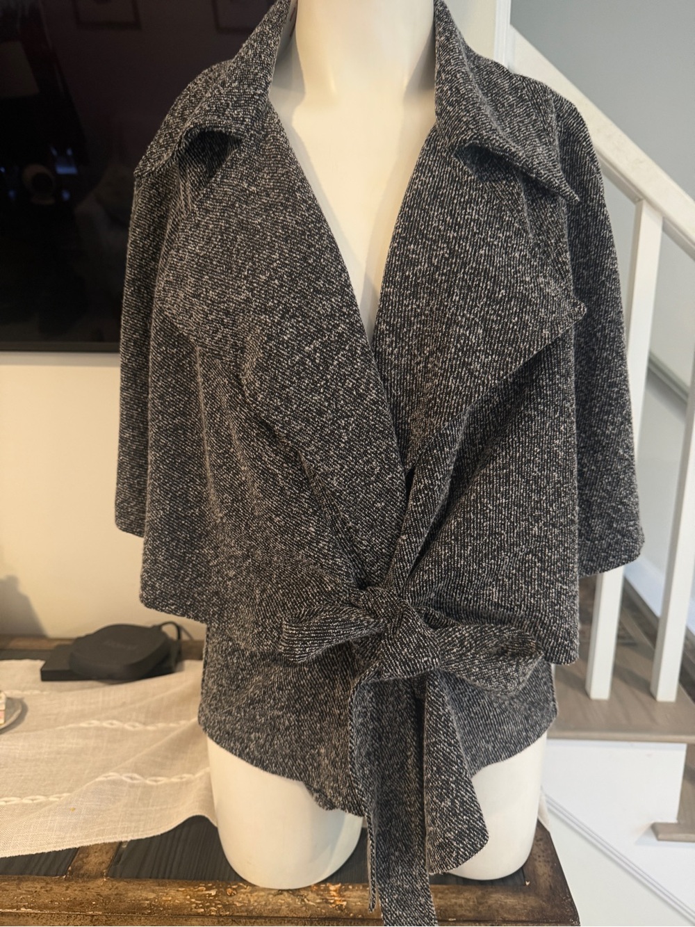 Fever Black & White Marled Knot-Front Open Collar Sweater